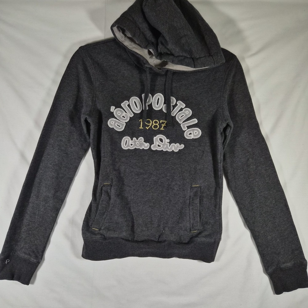 Vintage Y2K Aeropostale Women's Small Gray Spellout Hoodie Pullover 2000s